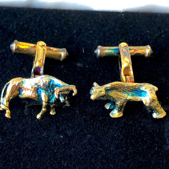 Vintage Sterling silver Bull & Bear stock market cuff links cufflinks in box
